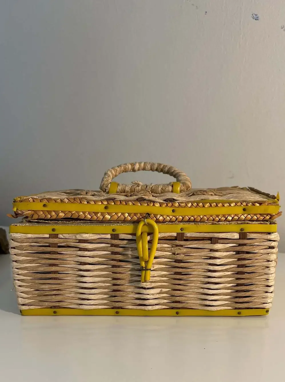 Vintage Dritz Woven Wicker Sewing Basket with Quilted Satin Lining Bright Yellow